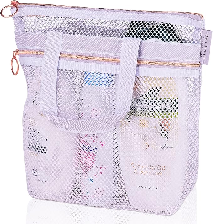 Mesh Shower Bag 10.2x9.9'' Quick-Dry Caddy with Zipper & 2 Pockets. Portable Toiletry Tote for Bathroom, Gym, Travel, Camp, Beach, for Sunscreen, Dorm & College Essentials (Light Gray)