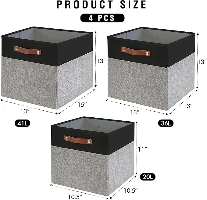 13x15x13 Storage Cube Bins, Foldable Storage Organizer Baskets, Fabric Cube Storage Boxes with 2 Reinforced PU Handles for Kallax, Shelves, Living Room | 4 Pack, Black & Gray
