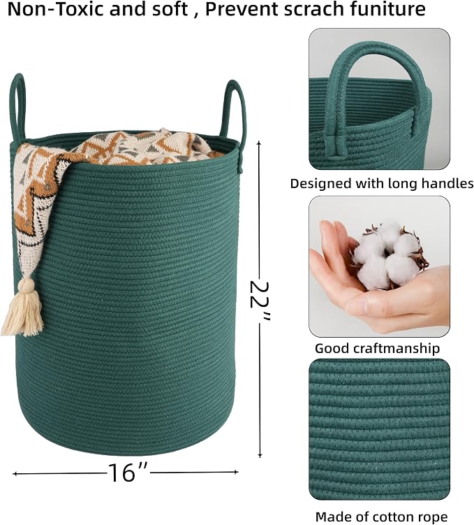 XUANGUO Cotton Rope Laundry Basket Hamper for Clothes Large Dark Green | Baby Nursery Hamper Bin and Woven Storage Basket for Living Room Bedroom Boho Tall Rope Baskets Blankets Toys Pillows Towels