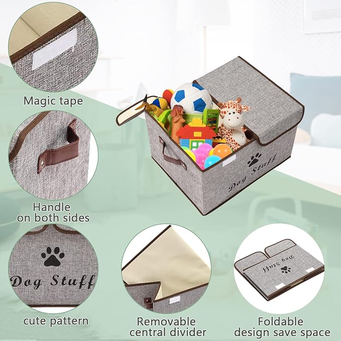 Large Storage Boxes - Linen Fabric Foldable Cubes Bin Containers With Lid and Handles for Dog Apparel, Accessories, Coats, Toys, and Clothing (Grey)