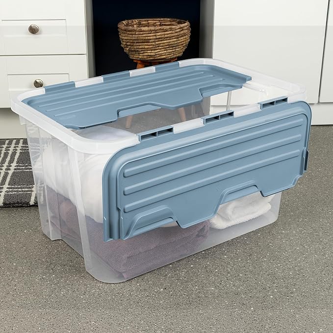 SteriliteHinged Lid Storage Box Plastic Container, 60 Quart, 6 Pack | Washed Blue - Home Organizer Tote for Storing Shoes, Crafts, Clothing, or Decor