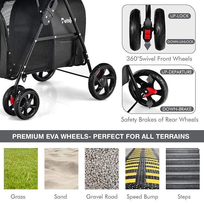 PETSITE Double Dog Stroller, Foldable Pet Stroller for 2 Dogs & Cats Small Medium Sized with Detachable Carrier on Wheels for Car Seat Walking Camping Travel (Black)