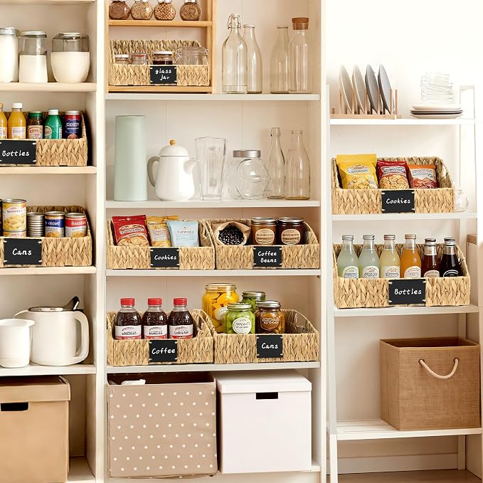 Woven Kitchen Basket for Organizing, Storage Bins for Shelf | Handwoven Wicker Basket with Built-in Handles, Laundryroom Organization Pantry Organizers and Storage for Snack Cans