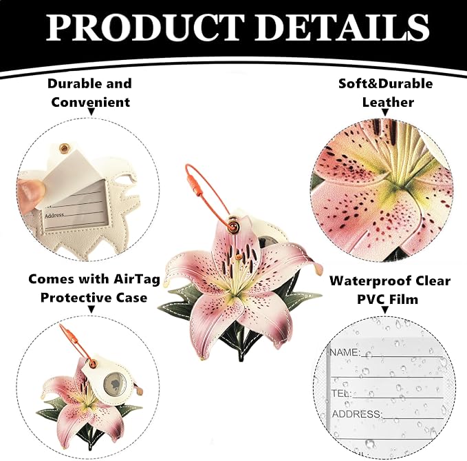 PU Leather Luggage Tag with Airtag Holder Case Set and Name ID Label | Hidden Compartment for AirTag Travel Suitcase Tracking Case with Stainless Steel Loop,Cute Fruit Plant Animals Styles,Lily