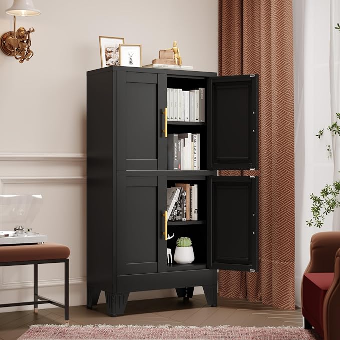 GAIOUS 47.25" Metal Storage Cabinet, Black Kitchen Food Cabinet with 4 Door | and 2 Adjustable Shelves, Freestanding Bathroom Cabinet, Pantry for Kitchen Dinning Room Bathroom, Cupboard, Food Storage