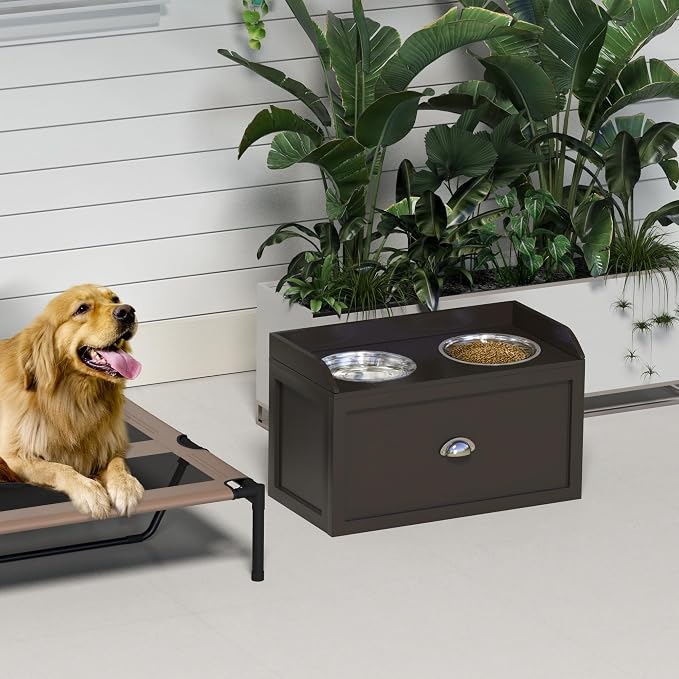 PawHut Dog Feeding Station with Storage Drawer, Dog Food Storage Cabinet with 2 Removable Elevated Pet Bowls for Large Sized Dogs, Coffee | 2 Removable Elevated Pet Bowls, for Large Sized Breeds