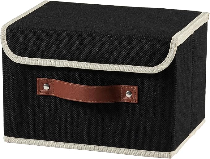 Storage Boxes with Lids Cotton Linen Fabric Bins Baskets | Decorative Collapsible Washable, Clothes Container Organizer for Closet Shelf, w/ Faux Leather Handles, Black, Small