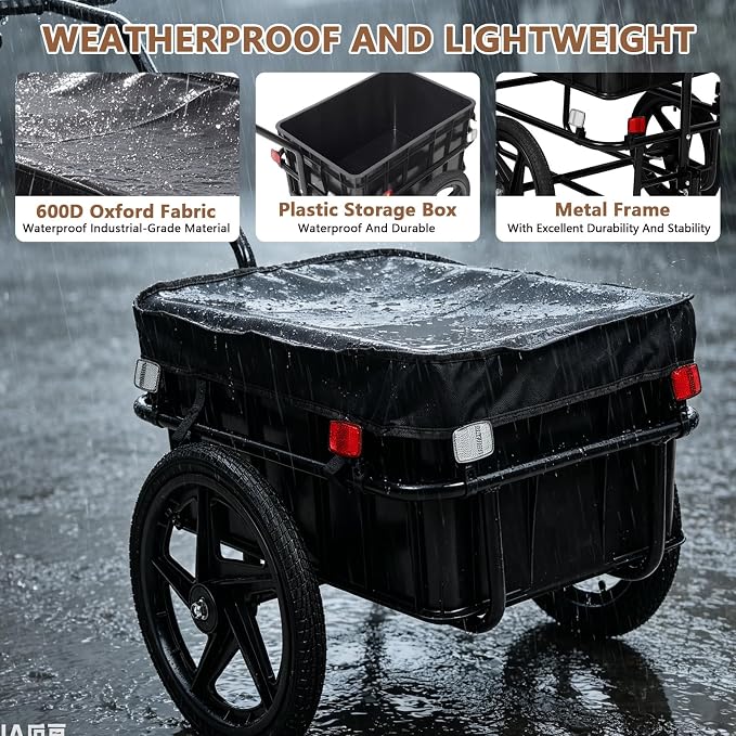 Bike Cargo Trailer, 2-in-1 Utility Trailer Wagon with High-Capacity Plastic Removable Storage Box, Heavy-Duty Steel Frame, Bicycle Cargo Cart with 600D Waterproof Cover for Camping