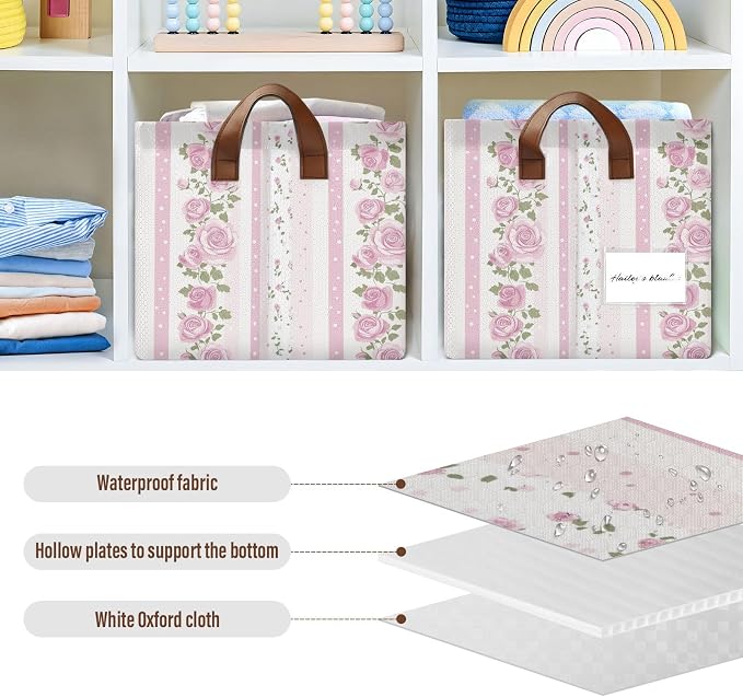 Pink and White Striped Rose Floral Storage Basket Foldable Cube Storage Bin with Handles&Label Collapsible Organizer Box Bin Large Rectangle Decorative Basket for Shelve Home Living Room Closet
