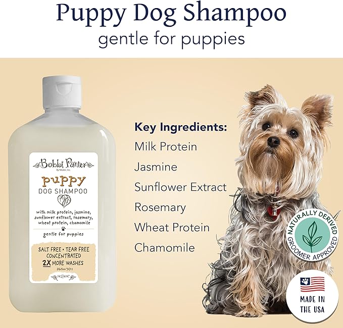 Bobbi Panter Puppy Dog Shampoo Milk Protein, Jasmine, Sunflower & Chamomile – Gentle Nourishing Formula for Puppies & Sensitive Skin, Tear-Free, 30:1 Concentrate, Made in USA, 14 oz