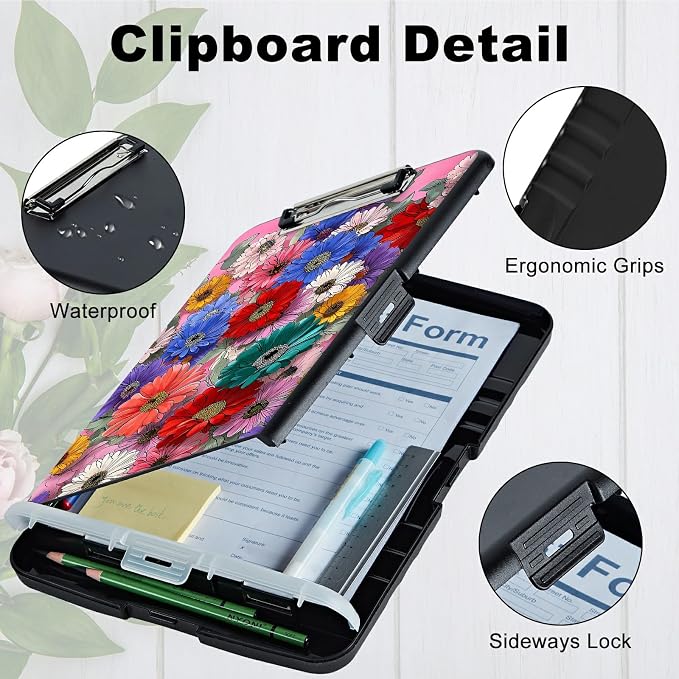 A4 Clipboard with Storage Pen Holder, Clipboards Organizer Nursing Clipboard Foldable File Folder Plastic Clipboard Folio Clip Board for Office Work Classroom Doctor, Wildflower Pink