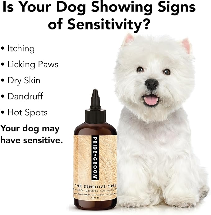 Pride and Groom The Sensitive One Dog Shampoo – All Natural Blend of Essential Oils & Gentle Ingredients for Puppies & Dogs with Sensitive Skin & Coats to Soothe and Regulate Skin & Follicles – 16oz