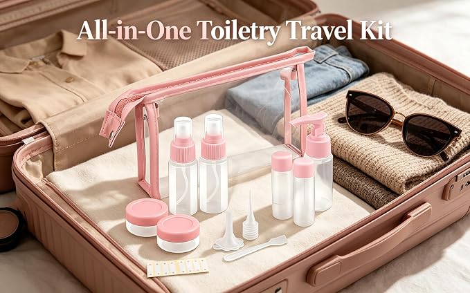 Travel Bottles Kit,11pcs TSA Approved Leak Proof Toiletry Container | PET plastic, leak-proof, TSA size, 40ml bottles, sprayers, jars, bag included, for lotion, shampoo, travel, gym