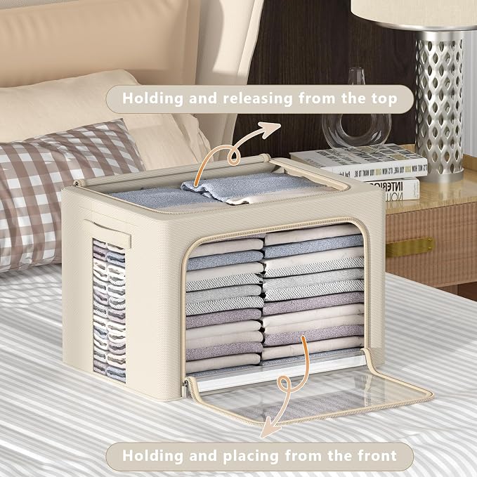 CYhom 3Pack Frame Storage Box - Clothes Storage Bin Bags Oxford Fabric Foldable Stackable Container Organizer Set with Clear Window & Carry Handles Large Capacity (Beige, Large-66L)