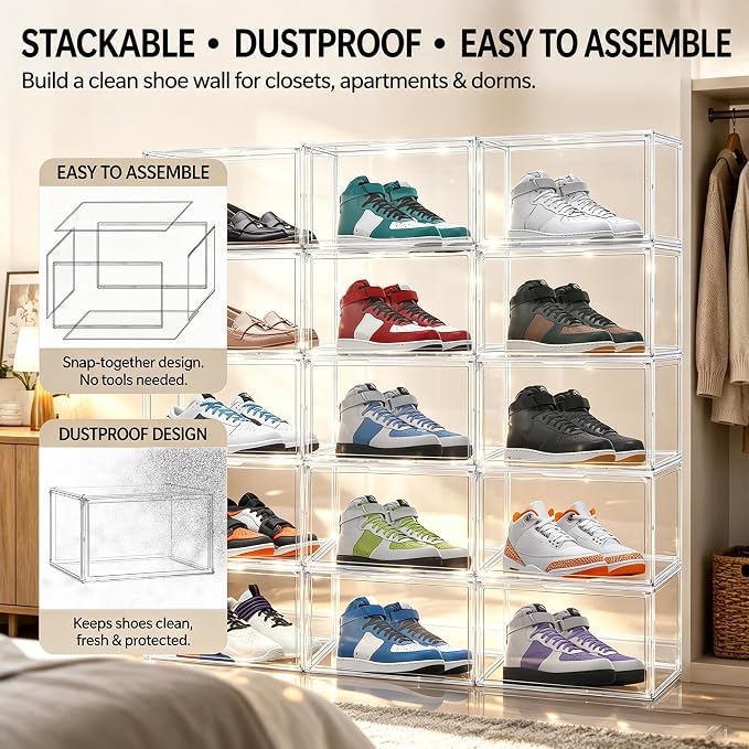 12 Pack Clear Acrylic Shoe Sneaker Boxes Fits Size 13, Wide Magnetic Door | Stackable shoe showcase for sneakers, high tops, large shoes, shoe collection display storage. Exterior 14.1 x 10.6 x 8.9 in