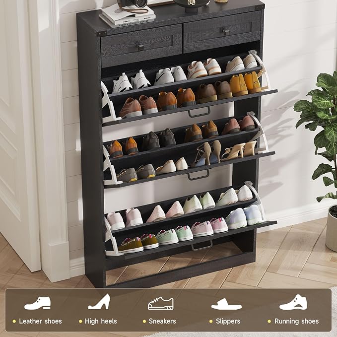 Halitaa Shoe Cabinet with 3 Flip Drawers & 2 Drawers,Freestanding Shoe Storage Cabinet for Entryway,Farmhouse Narrow Slim Organizer Rack for Foyer,Hallway,Black