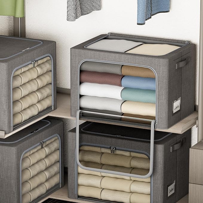 4 Pack Clothes Storage Bins with Metal Frame - 36L Stackable Storage Box with Lid，Foldable Storage Container Organizer for Clothes，Linen Fabric Storage Box with Clear Window＆Zippers＆Handles