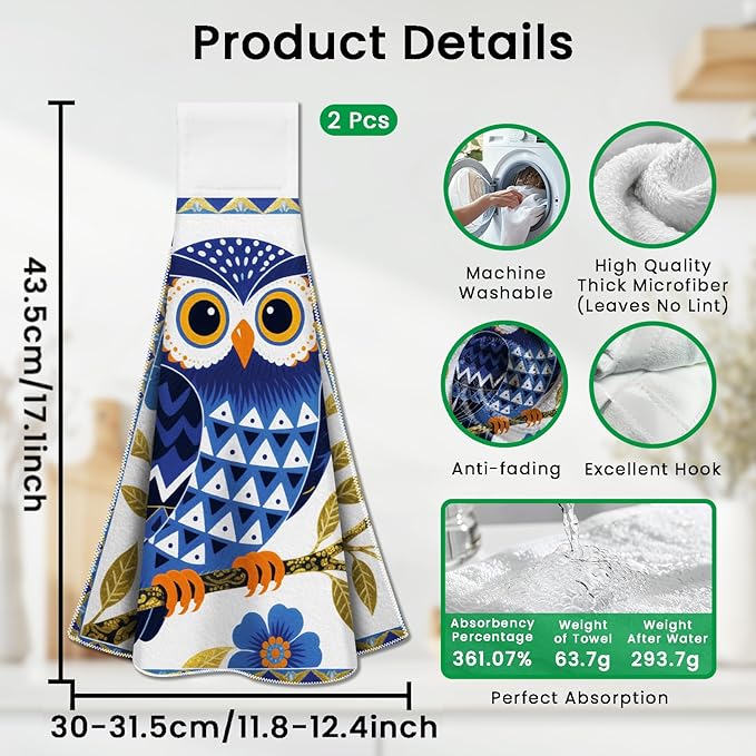 CUTHOLLOW Blue Owl and Flower Hanging Kitchen Towels with Loop, Set of 2 - Soft & Super Absorbent Microfiber Decorative Hanging Dish & Hand Towel, Tea, Coffee Towel for Kitchen Bathroom Oven Handle