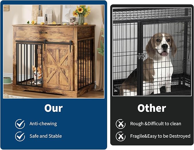 GarveeHome Dog Crate Furniture, 37.8" Large Dog Kennel Indoor, Wooden Kennel Table with Sliding Barn Door and Storage Drawer, Indoor Dog House for Large/Medium/Small Dogs (Brown)