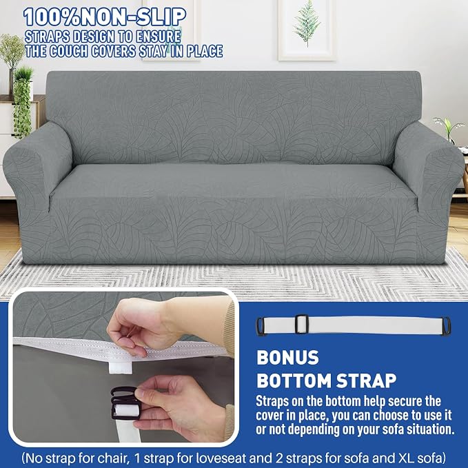 YEMYHOM Couch Cover Latest Jacquard Design High Stretch Sofa Covers for 2 Cushion Couch, Pet Dog Cat Proof Loveseat Slipcover Non Slip Elastic Furniture Protector (Medium, Begonia Leaf Dark Grey)