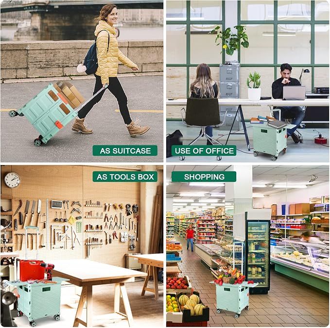 FELICON SELORSS Folding Utility Cart Portable Rolling Crate Handcart-Green | Magnetic Sliding Lid,Telescoping Handle,Plastic Box Dolly,360°Swivel Wheels for Travel Shop Move Laundry Office Teacher Use