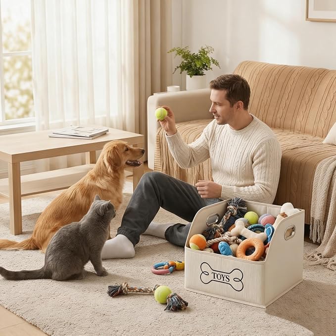 Foldable Dog Toy Basket-Dog Toys Bin-Dog Toy box-Storage Basket with Handle,Organizer Bin for Pet Toys, Blanket, Shelves, Closet-Beige