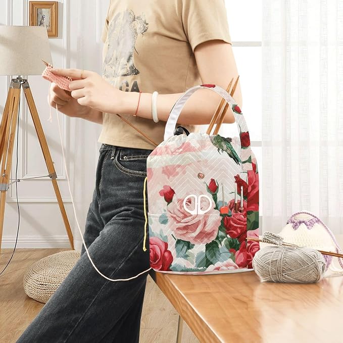 Tatenale Crochet Bag Yarn Bag Knitting Project Bag with Pockets and Handle Portable Yarn Storage Organizer Tangle Free 8.3x11 InchPatriotic Red Roses and Hummingbirds38