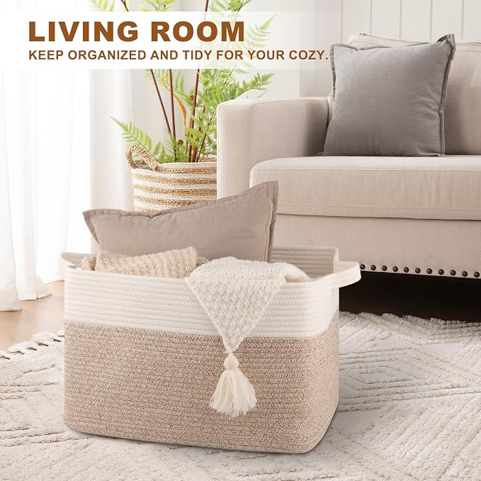 OIASKET Blanket Basket for Living Room, Cotton Rope Basket for Storage, Toy Baskets Bin for kids, Woven Baskets with Handles for Clothes, Towels, Pillows, 20" x 16" x 12", Brown and White
