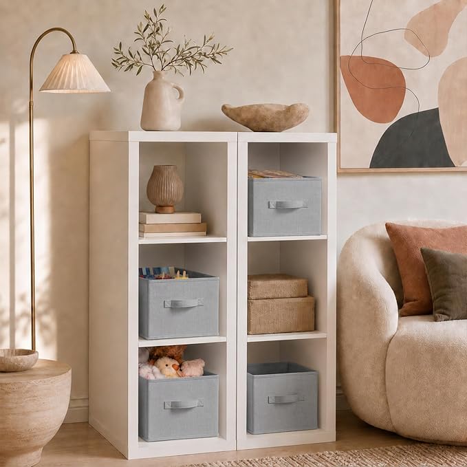 LayerSpace 3 Pack Fabric Storage Bins for Shelves | 14.75x10.25x8.25 in Storage Baskets | Fabric Closet Organizers with Handles Home Organization | Linen Clothes Storage Bins | Light Gray | Thickened Rigid PP Panels, Cotton-linen Shelf Baskets, Measure...