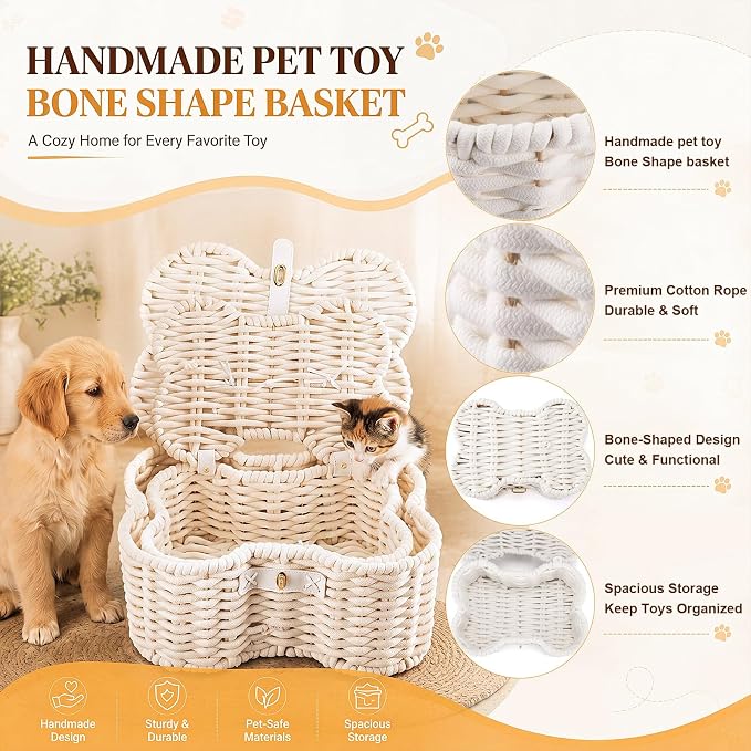 Barydat 2 Set Dog Bone Shaped Basket with Lid Cotton Rope, White | Large Small Sizes, Handmade Woven Basket for Toy Storage, Organizes Pet Items, Home Bin with Secure Lid Closure