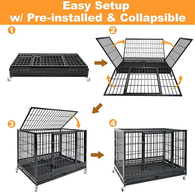 Homey Pet Two Tier Heavy Duty Stackable Dog Crate Cage Kennel for Large Dog | 47 Inch Indestructible Kennel with Wheels, Removable Trays and Grids, Escape Proof Auto Lock, Ideal for Breeders and Groomers