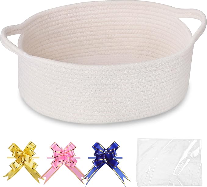COMSE Empty Small Gift Basket with Bag & Ribbons, White | Cotton Rope, 12"x 8"x 5", Baby Toy Organizer, Stores Small Items for Bedrooms, Nurseries, Bathrooms, Living Rooms, Offices