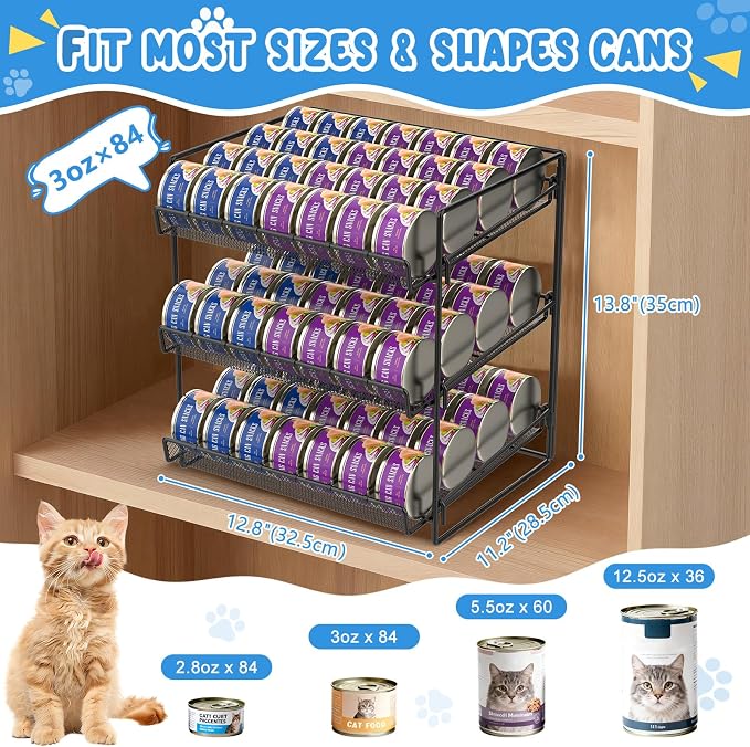 Cat Food Can Organizer 3-Tier Can Organizer for Pantry 84 Cans 3.5oz | Black metal 3-tier cat food can organizer,Holds 84 cans 3.5oz,Adjustable pantry countertop storage for kitchen cabinet