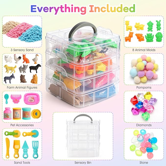 Farm & Pet Sensory Bin, Stackable Sandbox for Toddlers, Kids Play Sand Toys with Sensory Sand, Farm Figures & Pet Accessories, Birthday Gift for Girls Boys 3 4 5 6 Years Old