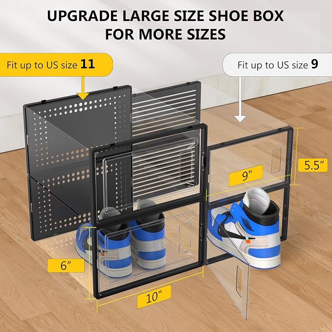 12 Pack X-Large Stackable Clear Plastic Shoe Storage Boxes Organizer, Black | Easy to Assemble and Stack, Fit Size 10, Ventilated Dust-Proof, For Sneaker, Closet, Entryway, Under Bed, Replace Shoe Rack