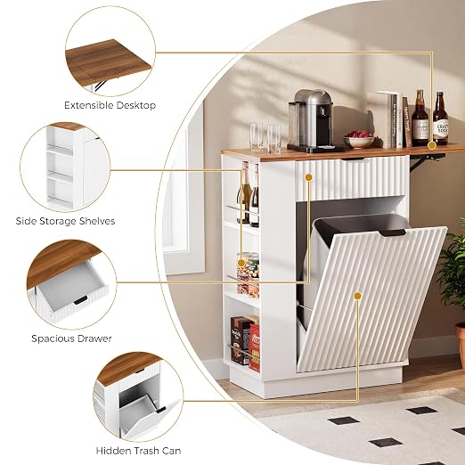 Kitchen Island Tilt-Out Trash Can Cabinet, 10 Gallon Fluted Laundry Hamper Cabinet with Drawers, Multipurpose Kitchen, Bathroom, Living Room Wooden Trash Bin