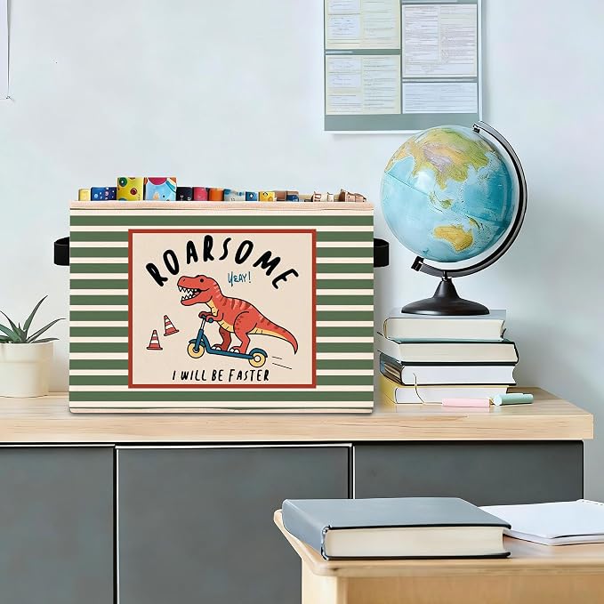 Dinosaur Storage Bin, Roarsome Green Stripe Foldable Fabric Basket | Foldable dinosaur fabric organizer for nursery, bedroom, playroom, toys, books, and clothes