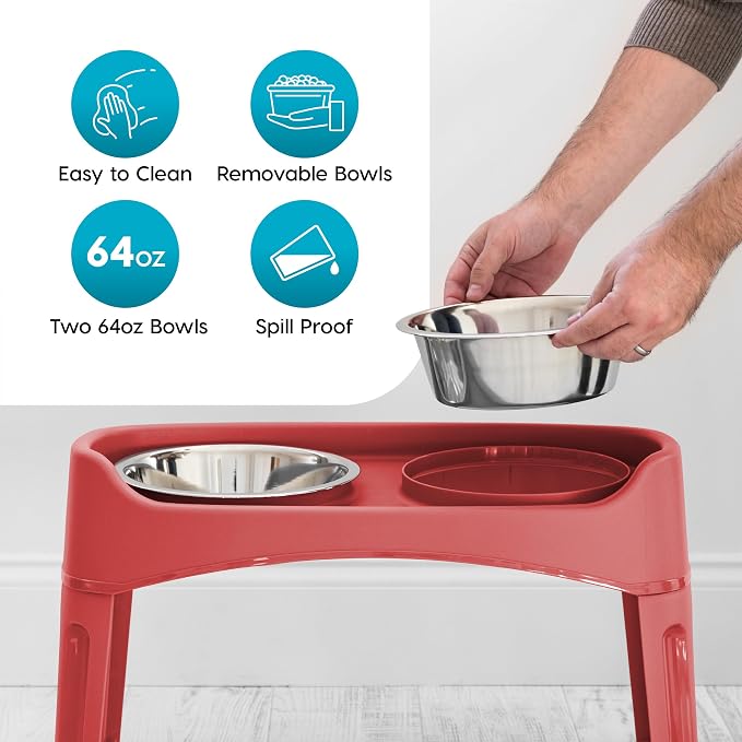 IRIS USA Elevated Dog Bowls, Dual Height 4.63" or 12.25" Made in USA, Black | Includes 2 Stainless Steel Bowls (64oz), Spill Guard, Height Adjustable, Non-Slip Feeder, Helps Reduce Neck Strain