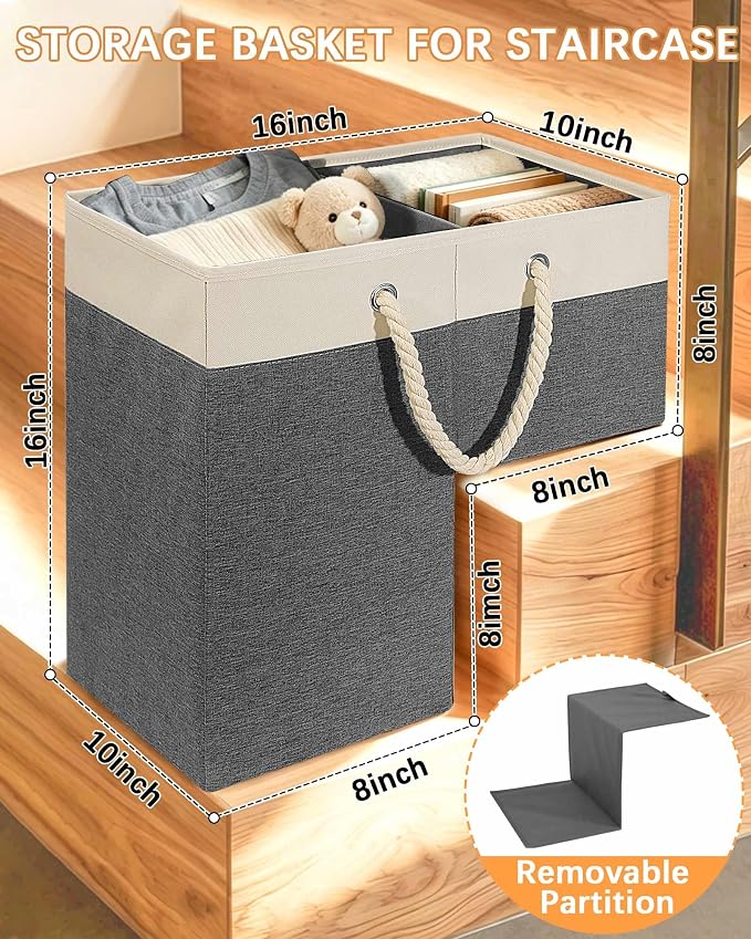 LHZ.K Stair Basket with Removable Divider & Sturdy Handles, 2pcs Grey | 16" Rigid Foldable Stair Storage Basket for Carpeted & Wooden Stairs, Large Capacity for Laundry, Toy, Pet Supplies & Clutter