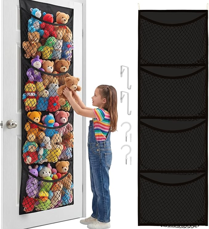 Over The Door Stuffed Animal Storage, Cotton Toy Organizer for Storage Plush Toys, Stuffed Animal Holder with 4 Large Pockets, Hanging Door Organizer for Nursery, Bedroom (Black)