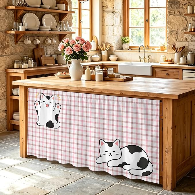 Cute Cat Sink Skirt for Bathroom, Self-Adhesive Under Sink Curtain, Pink Brown Checked Modern Pet Cats Rustic Hide Pipes & Storage Fabric Cabinet Skirt Cover for Kitchen Laundry 32"x55"