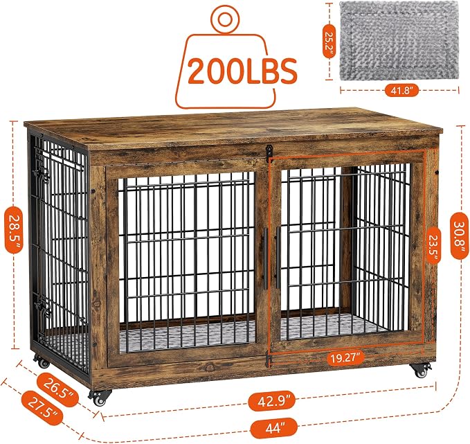 44'' Decorative Large Dog Crates Furniture w/Cushion & Wheels Wood Kennel | Rustic Brown, Double Doors, Wooden Dog Cage, Chew-Resistant, End Table, Decorative, 27"/32"/38"/44" Options, Indoor