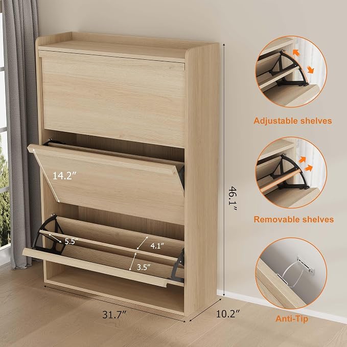 GarveeHome Shoe Cabinet with 3 Flip Drawers, Wooden Shoe Organizer Cabinet with Adjustable Shelf, Shoe Storage for Entryway, Hidden Shoe Cabinet for Hallway, Living Room, Natural Oak