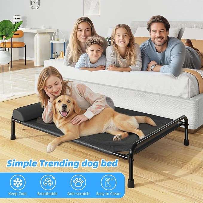 Simple Trending Elevated Dog Bed for Large Dogs, 44.5" x 31", Black | Cooling Raised Pet Cot with Bolster, Dog Couch Cot for Indoor Outdoor, Breathable Mesh, Waterproof, Non-Slip Feet
