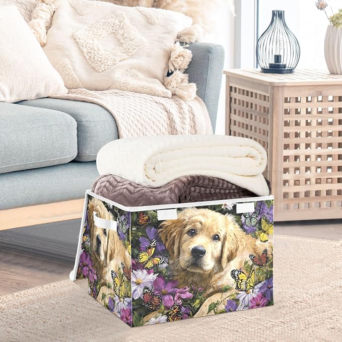 Storage Bins with Lid Dog Butterfly Pet Foldable Storage Boxes 40L Baskets | Decorative Storage Boxes, Dust-Proof Flip Top, Reinforced Handles, For Home & Bedroom, Clothes & Toy Box, Oxford Fabric Print