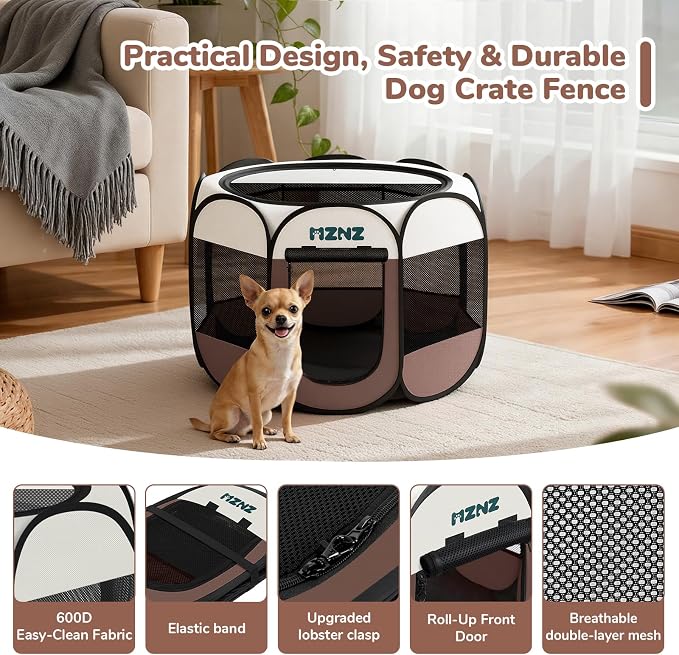 Dog Cat Small Animal Puppy Playpen Crate, Small, Brown | Portable Pop Up Pet Cage Enclosure Tent Kennel Indoor Outdoor with Carrying Case, No Assembly, Camping Use