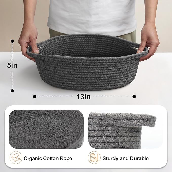 Small Rope Basket, Baskets for Gifts Empty, Cute Woven Basket for Dog Toy, Cat Toy Bin Box, Wicker Organizing Basket for Book, Baby Diaper, Towels, Snack, 13” x 9” x 5”, Dark Gray