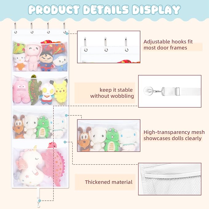 Over the Door Stuffed Animal Storage , 65" Hanging Mesh Toy Organizer with Support Rods & 4 Large Pockets, Extra Large Space-Saving Nursery Hammock for Plush Toys & Dolls with Meat Hook, White