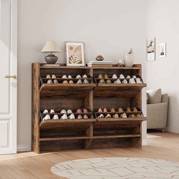 GarveeHome Shoe Cabinet with 4 Flip Drawers, Wooden Shoe Organizer Cabinet with Adjustable Shelf, Shoe Storage for Entryway, Hidden Shoe Cabinet for Hallway, Living Room, Rustic Brown