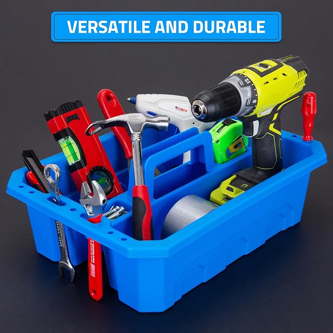CANOPUS Storage Tray Tote with Functional Holes - 2 PCs Plastic Cleaning Caddy with Handle, Portable Caddy, Undersink Storage for Kitchen, Shoe Cleaning Box, Products Organizer, Blue